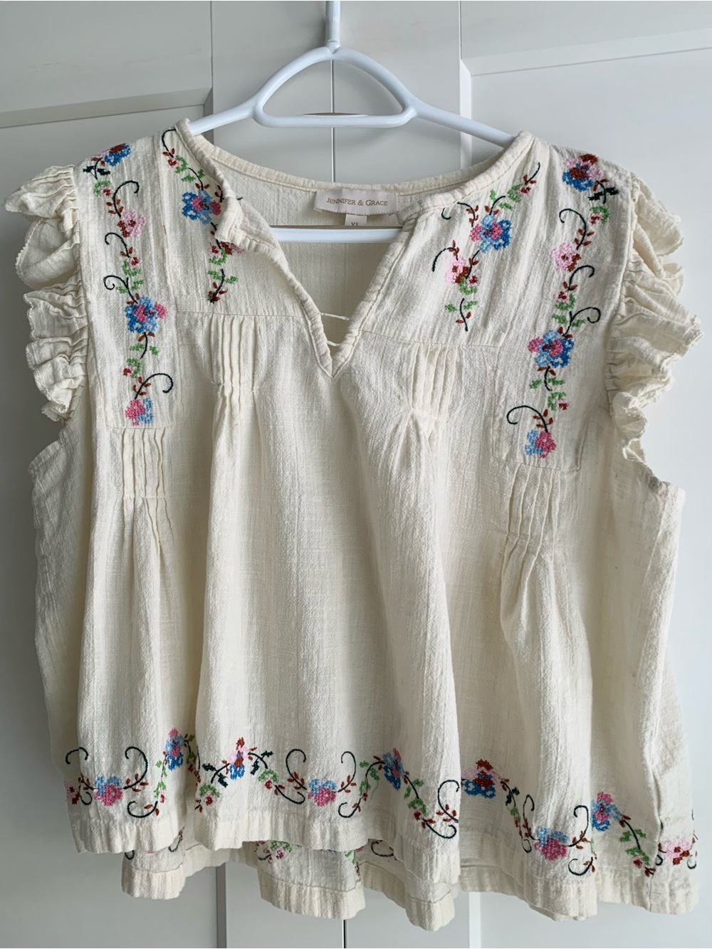 Jennifer Grace Y2K Embroidered Ruffle Sleeve Top Size XL Boho Floral Cottagecore - Picture 2 of 13